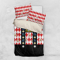 Bavaria Traditional Lederhosen Costume Bedding Set Bavaria Emblem - Red Plaid Pattern with Edelweiss Flowers
