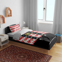 Bavaria Traditional Lederhosen Costume Bedding Set Bavaria Emblem - Red Plaid Pattern with Edelweiss Flowers