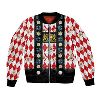 Bavaria Traditional Lederhosen Costume Bomber Jacket Bavaria Emblem - Red Plaid Pattern with Edelweiss Flowers