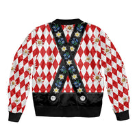 Bavaria Traditional Lederhosen Costume Bomber Jacket Bavaria Emblem - Red Plaid Pattern with Edelweiss Flowers