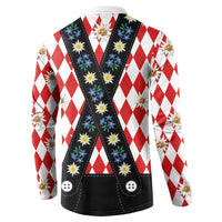 Bavaria Traditional Lederhosen Costume Button Sweatshirt Bavaria Emblem - Red Plaid Pattern with Edelweiss Flowers