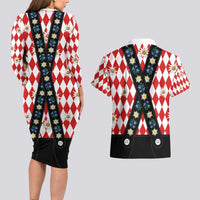 Bavaria Traditional Lederhosen Costume Couples Matching Long Sleeve Bodycon Dress and Hawaiian Shirt Bavaria Emblem - Red Plaid Pattern with Edelweiss Flowers
