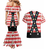 Bavaria Traditional Lederhosen Costume Couples Matching Mermaid Dress and Hawaiian Shirt Bavaria Emblem - Red Plaid Pattern with Edelweiss Flowers