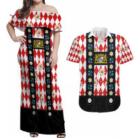Bavaria Traditional Lederhosen Costume Couples Matching Off Shoulder Maxi Dress and Hawaiian Shirt Bavaria Emblem - Red Plaid Pattern with Edelweiss Flowers