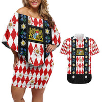Bavaria Traditional Lederhosen Costume Couples Matching Off Shoulder Short Dress and Hawaiian Shirt Bavaria Emblem - Red Plaid Pattern with Edelweiss Flowers