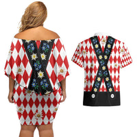 Bavaria Traditional Lederhosen Costume Couples Matching Off Shoulder Short Dress and Hawaiian Shirt Bavaria Emblem - Red Plaid Pattern with Edelweiss Flowers