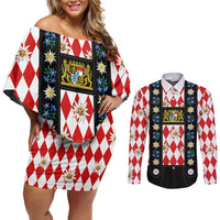 Bavaria Traditional Lederhosen Costume Couples Matching Off Shoulder Short Dress and Long Sleeve Button Shirt Bavaria Emblem - Red Plaid Pattern with Edelweiss Flowers