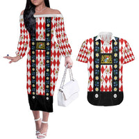 Bavaria Traditional Lederhosen Costume Couples Matching Off The Shoulder Long Sleeve Dress and Hawaiian Shirt Bavaria Emblem - Red Plaid Pattern with Edelweiss Flowers