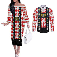 Bavaria Traditional Lederhosen Costume Couples Matching Off The Shoulder Long Sleeve Dress and Long Sleeve Button Shirt Bavaria Emblem - Red Plaid Pattern with Edelweiss Flowers