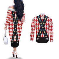 Bavaria Traditional Lederhosen Costume Couples Matching Off The Shoulder Long Sleeve Dress and Long Sleeve Button Shirt Bavaria Emblem - Red Plaid Pattern with Edelweiss Flowers