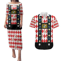 Bavaria Traditional Lederhosen Costume Couples Matching Puletasi and Hawaiian Shirt Bavaria Emblem - Red Plaid Pattern with Edelweiss Flowers