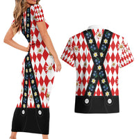 Bavaria Traditional Lederhosen Costume Couples Matching Short Sleeve Bodycon Dress and Hawaiian Shirt Bavaria Emblem - Red Plaid Pattern with Edelweiss Flowers