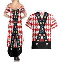 Bavaria Traditional Lederhosen Costume Couples Matching Summer Maxi Dress and Hawaiian Shirt Bavaria Emblem - Red Plaid Pattern with Edelweiss Flowers