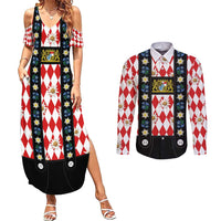 Bavaria Traditional Lederhosen Costume Couples Matching Summer Maxi Dress and Long Sleeve Button Shirt Bavaria Emblem - Red Plaid Pattern with Edelweiss Flowers