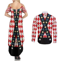 Bavaria Traditional Lederhosen Costume Couples Matching Summer Maxi Dress and Long Sleeve Button Shirt Bavaria Emblem - Red Plaid Pattern with Edelweiss Flowers