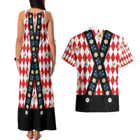 Bavaria Traditional Lederhosen Costume Couples Matching Tank Maxi Dress and Hawaiian Shirt Bavaria Emblem - Red Plaid Pattern with Edelweiss Flowers