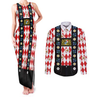 Bavaria Traditional Lederhosen Costume Couples Matching Tank Maxi Dress and Long Sleeve Button Shirt Bavaria Emblem - Red Plaid Pattern with Edelweiss Flowers