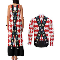 Bavaria Traditional Lederhosen Costume Couples Matching Tank Maxi Dress and Long Sleeve Button Shirt Bavaria Emblem - Red Plaid Pattern with Edelweiss Flowers