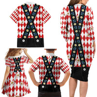Bavaria Traditional Lederhosen Costume Family Matching Long Sleeve Bodycon Dress and Hawaiian Shirt Bavaria Emblem - Red Plaid Pattern with Edelweiss Flowers - Wonder Print Shop
