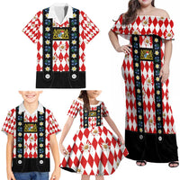 Bavaria Traditional Lederhosen Costume Family Matching Off Shoulder Maxi Dress and Hawaiian Shirt Bavaria Emblem - Red Plaid Pattern with Edelweiss Flowers - Wonder Print Shop
