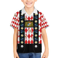 Bavaria Traditional Lederhosen Costume Family Matching Off Shoulder Maxi Dress and Hawaiian Shirt Bavaria Emblem - Red Plaid Pattern with Edelweiss Flowers - Wonder Print Shop