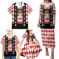 Bavaria Traditional Lederhosen Costume Family Matching Puletasi and Hawaiian Shirt Bavaria Emblem - Red Plaid Pattern with Edelweiss Flowers