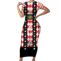 Bavaria Traditional Lederhosen Costume Family Matching Short Sleeve Bodycon Dress and Hawaiian Shirt Bavaria Emblem - Red Plaid Pattern with Edelweiss Flowers - Wonder Print Shop