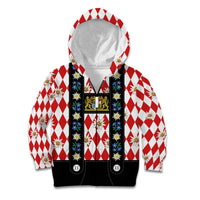 Bavaria Traditional Lederhosen Costume Kid Hoodie Bavaria Emblem - Red Plaid Pattern with Edelweiss Flowers - Wonder Print Shop