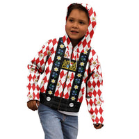 Bavaria Traditional Lederhosen Costume Kid Hoodie Bavaria Emblem - Red Plaid Pattern with Edelweiss Flowers - Wonder Print Shop