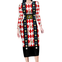Bavaria Traditional Lederhosen Costume Long Sleeve Bodycon Dress Bavaria Emblem - Red Plaid Pattern with Edelweiss Flowers - Wonder Print Shop