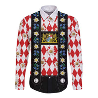 Bavaria Traditional Lederhosen Costume Long Sleeve Button Shirt Bavaria Emblem - Red Plaid Pattern with Edelweiss Flowers