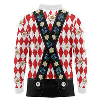 Bavaria Traditional Lederhosen Costume Long Sleeve Polo Shirt Bavaria Emblem - Red Plaid Pattern with Edelweiss Flowers - Wonder Print Shop