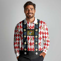 Bavaria Traditional Lederhosen Costume Long Sleeve Polo Shirt Bavaria Emblem - Red Plaid Pattern with Edelweiss Flowers - Wonder Print Shop