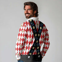 Bavaria Traditional Lederhosen Costume Long Sleeve Polo Shirt Bavaria Emblem - Red Plaid Pattern with Edelweiss Flowers - Wonder Print Shop