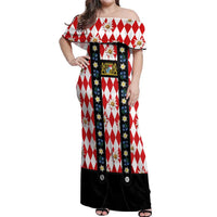 Bavaria Traditional Lederhosen Costume Off Shoulder Maxi Dress Bavaria Emblem - Red Plaid Pattern with Edelweiss Flowers - Wonder Print Shop