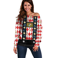 Bavaria Traditional Lederhosen Costume Off Shoulder Sweater Bavaria Emblem - Red Plaid Pattern with Edelweiss Flowers - Wonder Print Shop