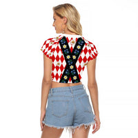 Bavaria Traditional Lederhosen Costume Raglan Cropped T Shirt Bavaria Emblem - Red Plaid Pattern with Edelweiss Flowers - Wonder Print Shop