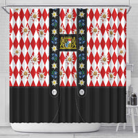 Bavaria Traditional Lederhosen Costume Shower Curtain Bavaria Emblem - Red Plaid Pattern with Edelweiss Flowers - Wonder Print Shop