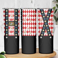 Traditional Bavarian Costume - Lederhosen Skinny Tumbler Bavaria Emblem - Red Plaid Pattern with Edelweiss Flowers - Wonder Print Shop