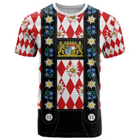 Bavaria Traditional Lederhosen Costume T Shirt Bavaria Emblem - Red Plaid Pattern with Edelweiss Flowers - Wonder Print Shop