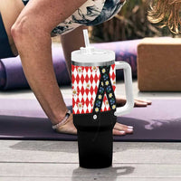 Traditional Bavarian Costume - Lederhosen Tumbler With Handle Bavaria Emblem - Red Plaid Pattern with Edelweiss Flowers - Wonder Print Shop