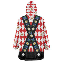 Bavaria Traditional Lederhosen Costume Wearable Blanket Hoodie Bavaria Emblem - Red Plaid Pattern with Edelweiss Flowers - Wonder Print Shop