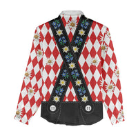 Bavaria Traditional Lederhosen Costume Women Casual Shirt Bavaria Emblem - Red Plaid Pattern with Edelweiss Flowers - Wonder Print Shop