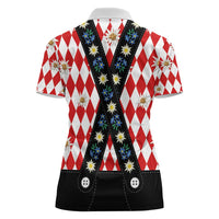 Bavaria Traditional Lederhosen Costume Women Polo Shirt Bavaria Emblem - Red Plaid Pattern with Edelweiss Flowers - Wonder Print Shop