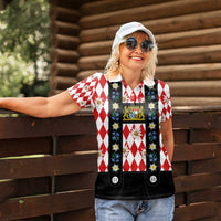 Bavaria Traditional Lederhosen Costume Women Polo Shirt Bavaria Emblem - Red Plaid Pattern with Edelweiss Flowers - Wonder Print Shop