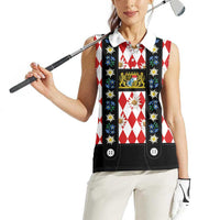 Bavaria Traditional Lederhosen Costume Women Sleeveless Polo Shirt Bavaria Emblem - Red Plaid Pattern with Edelweiss Flowers - Wonder Print Shop