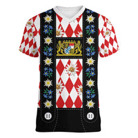 Bavaria Traditional Lederhosen Costume Women V-Neck T-Shirt Bavaria Emblem - Red Plaid Pattern with Edelweiss Flowers - Wonder Print Shop