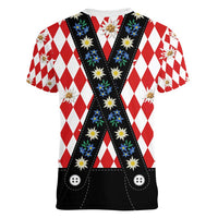 Bavaria Traditional Lederhosen Costume Women V-Neck T-Shirt Bavaria Emblem - Red Plaid Pattern with Edelweiss Flowers - Wonder Print Shop