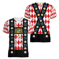 Bavaria Traditional Lederhosen Costume Women V-Neck T-Shirt Bavaria Emblem - Red Plaid Pattern with Edelweiss Flowers - Wonder Print Shop