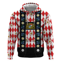 Bavaria Traditional Lederhosen Costume Zip Hoodie Bavaria Emblem -  Red Plaid Pattern with Edelweiss Flowers - Wonder Print Shop